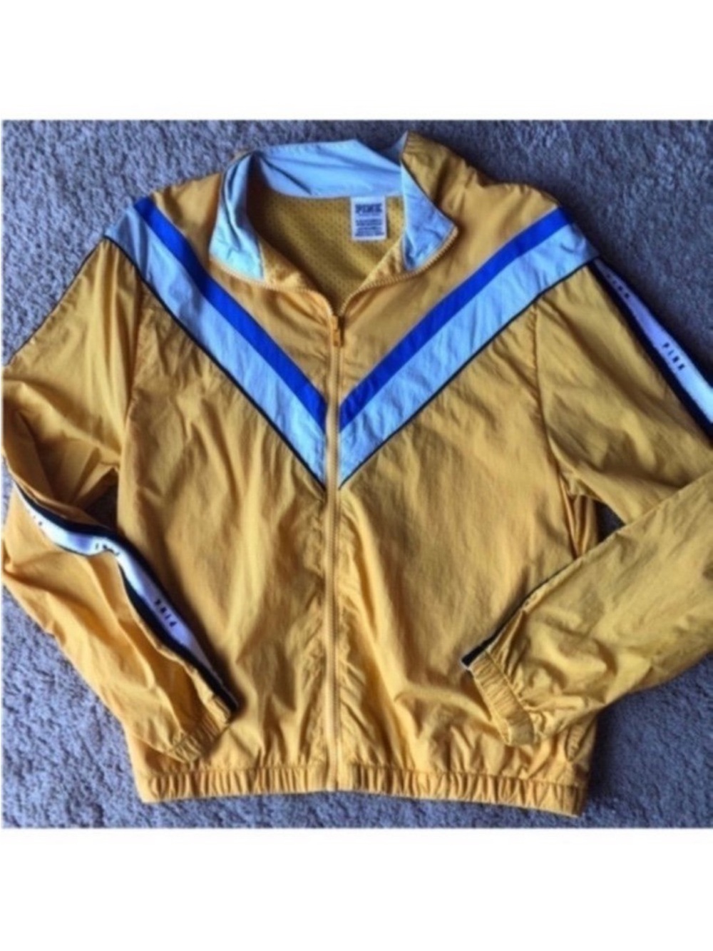 PINK Victoria's Secret Yellow Windbreaker Jacket with Blue and White Accents